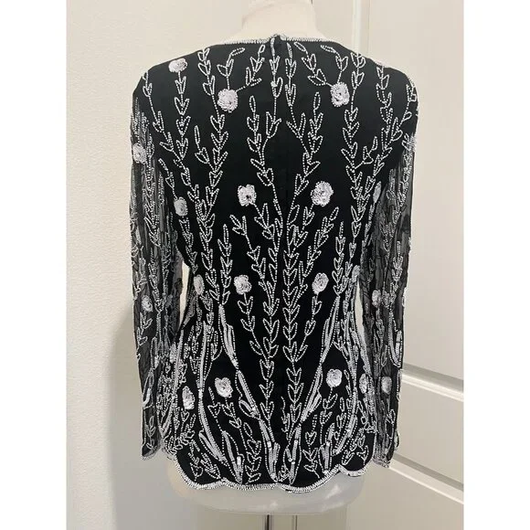 Vtg Stenay silk beaded blk white top evening long sleeves scalloped hem size M/L - Picture 2 of 8